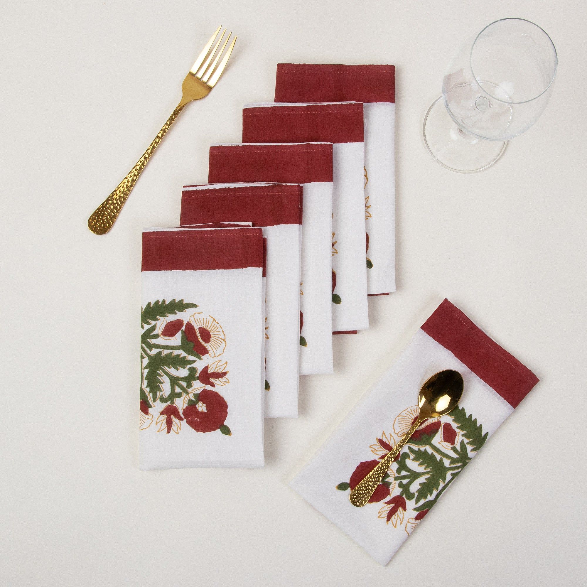 Maroon Hand Block Floral Print Cloth Table Napkins